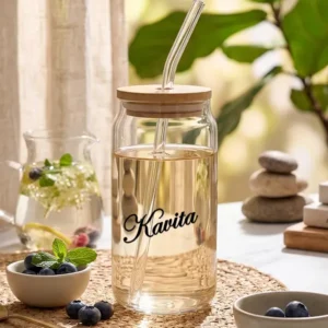 Customized Glass Can Mug with Wooden Lid & Straw – 510ml Personalized Coffee Cup