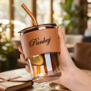 Customized Jar Drinking Glass with Straw & Brown Leather Sleeve – 380ml Iced Coffee Cup